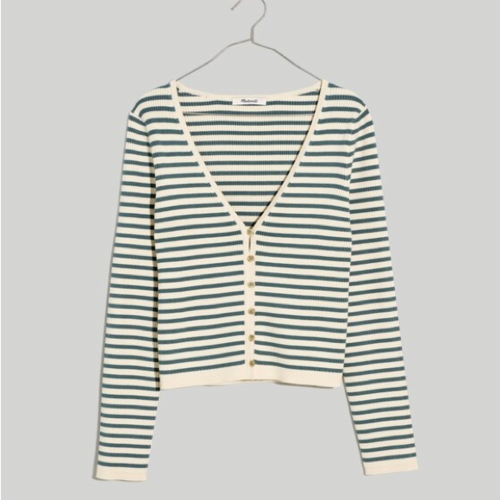 Madewell Carmon Crop Cardigan Sweater In Cream and Forest Green Striped Sz L